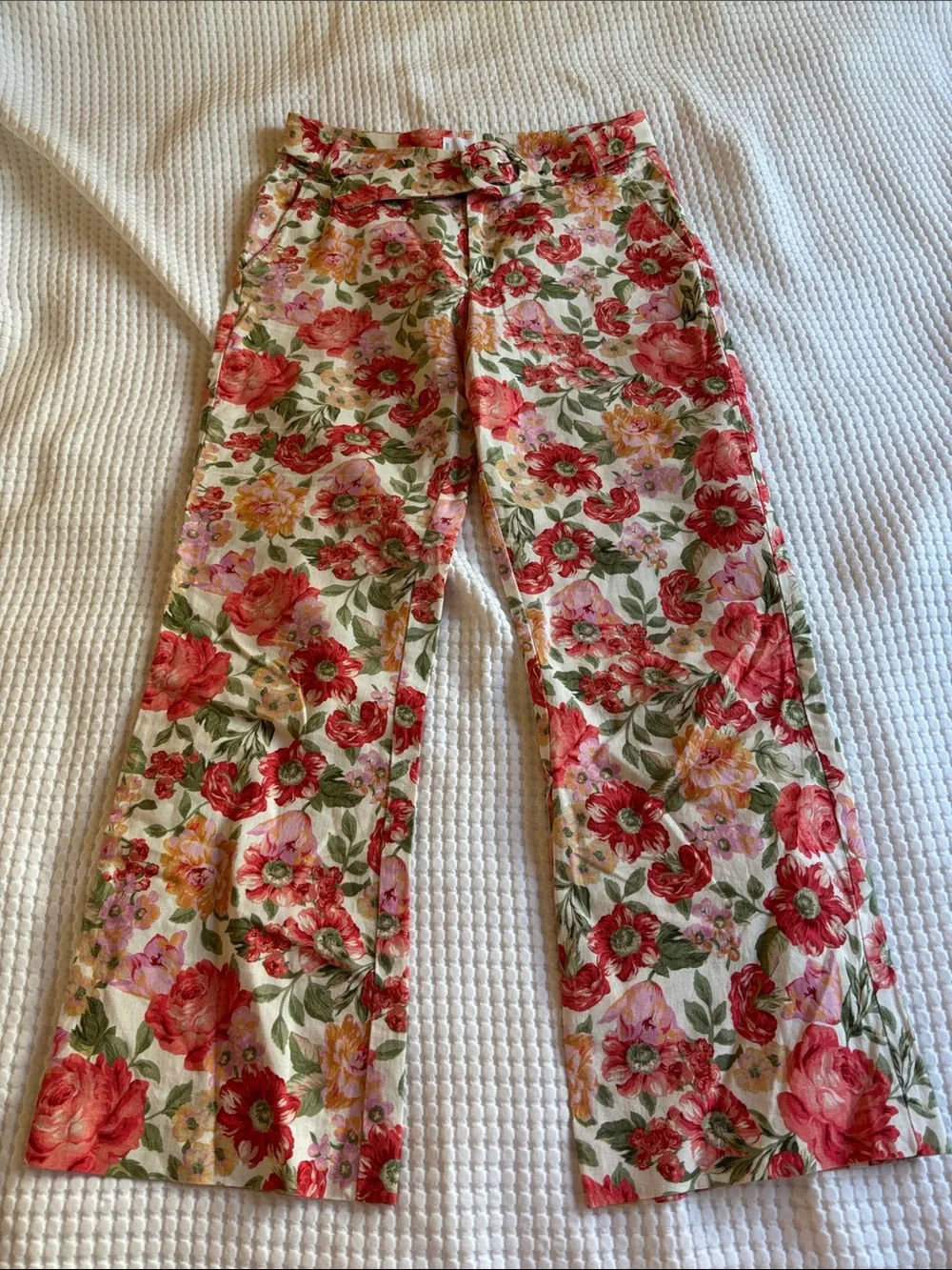 Mango Floral Straight-Leg Pants in Red, Pink, Green on Cream